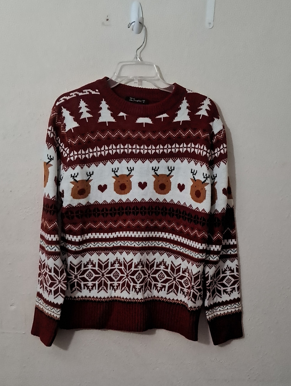 Simple Women's Size Medium Burgundy, White and Brown Reindeer Crewneck Sweater